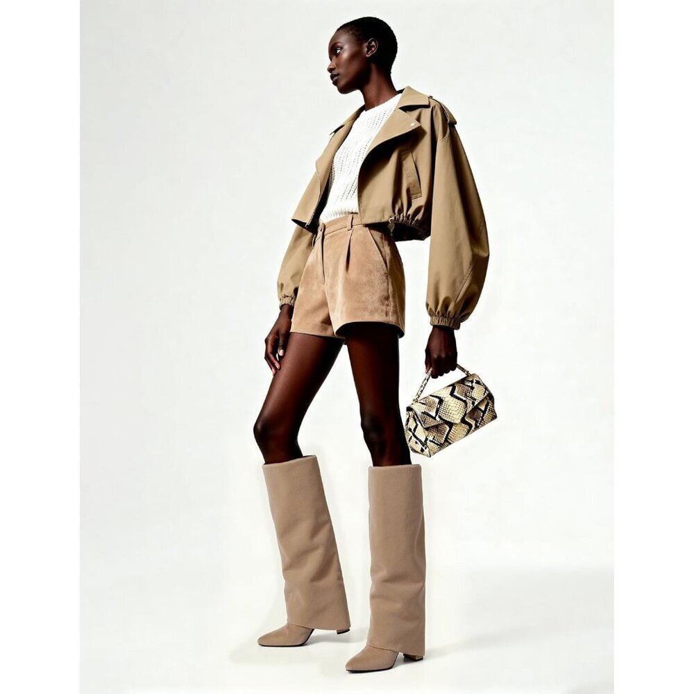 Women's Camel Modatope Knee High Fold Over Chunky Heels Zipper Tall Boots - Picture 6 of 8